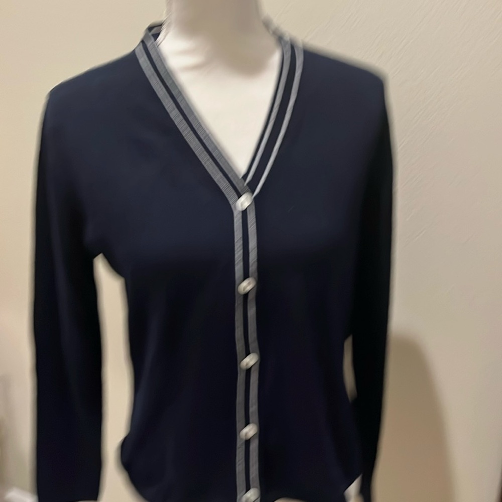 Navy cotton/rayon cardigan sweater with white detail size small new never worn